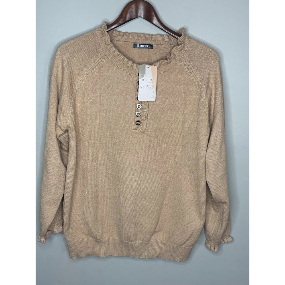 BTFBM Sweater Womens Large Tan Ruffle Henley Long Sleeve Knit Casual Cottagecore